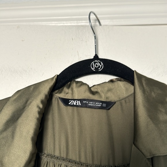 EUC Olive Green Zara Classy Belted Longsleeve Satin-Like Jumpsuit Size Medium - Picture 6 of 10